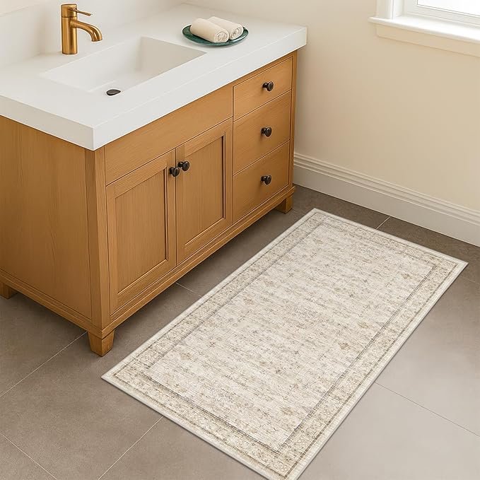 Cream 2x5 Runner Rugs for Bathroom Floor, Geometric Floral Throw Rugs Washable by HazoHaus