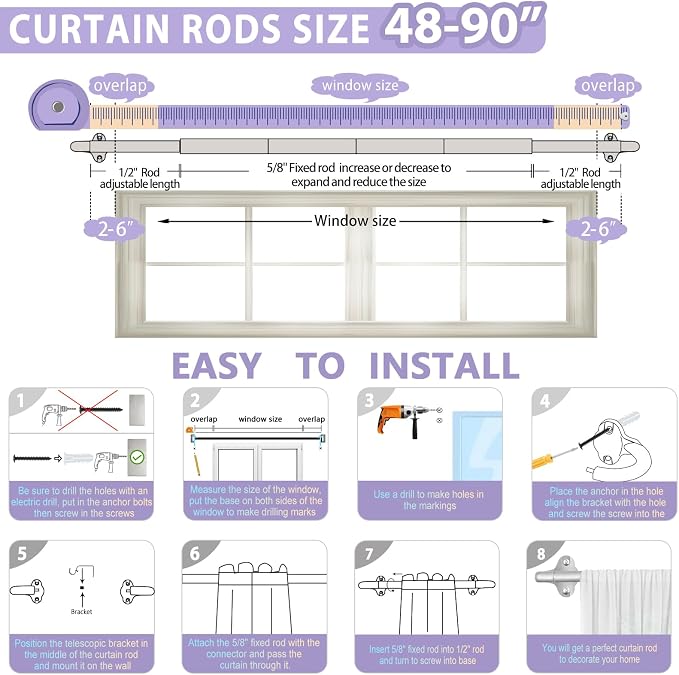 TVWOO Silver Wrap Around Curtain Rods:5/8 In Blackout Adjustable Window Curtain - Image 7