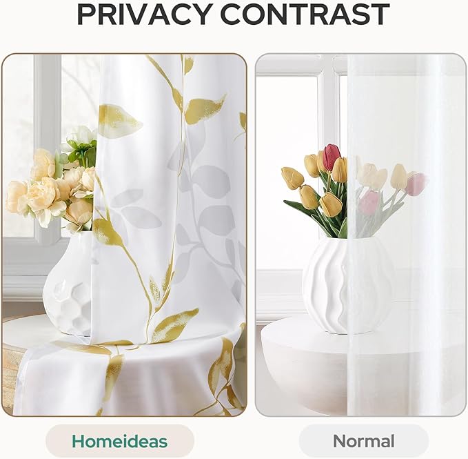 HOMEIDEAS Non-See-Through Gold and White Privacy Sheer Curtains 52 X 63 Inch - Image 3