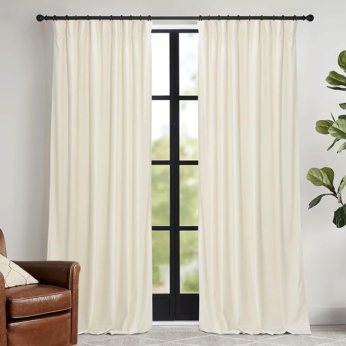 RYB HOME Cream Velvet Curtains 84 inch, Light Dimming White Window Curtains by RYBHOME