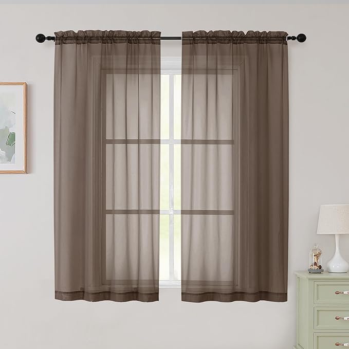 Sheer Chocolate Curtains for Bedroom Living Room 54 Inch Length 2 Panels Set by WelvetBLK