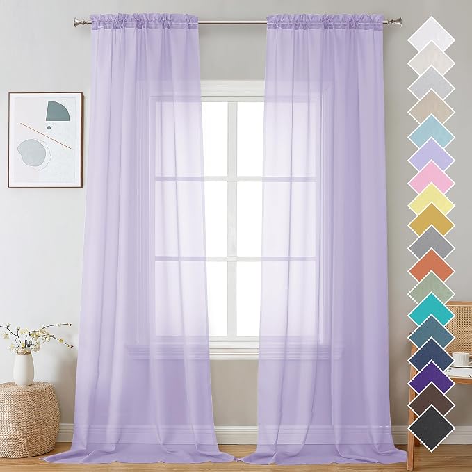 OVZME Lavender Sheer Curtains 96 Inches Long 2 Panels by OVZME