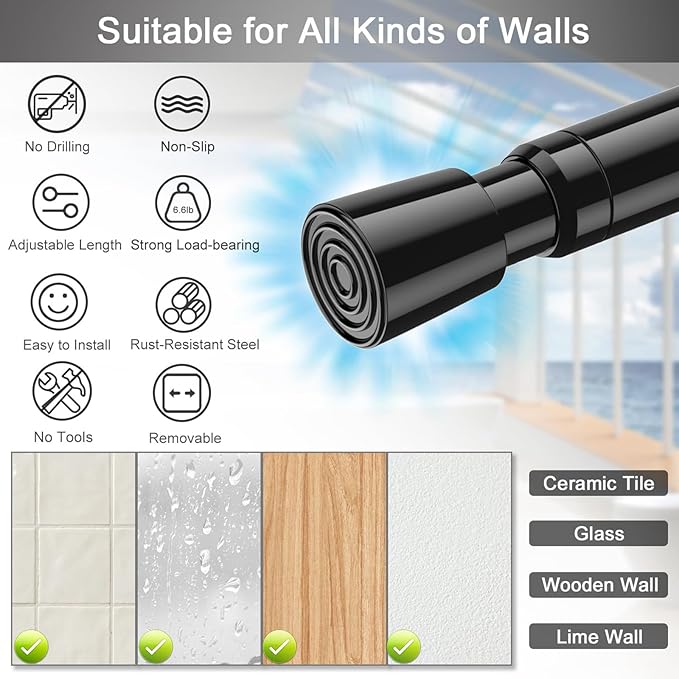 2 Pack Tension Rods Spring Tension Curtain Rod, 26 to 39 Inch Adjustable Black - Image 3