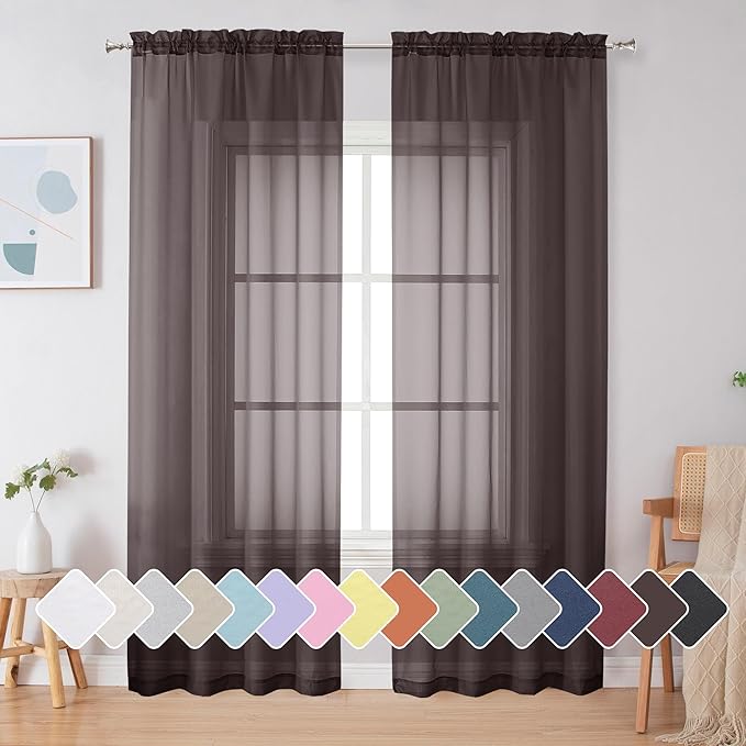 Simplebrand Chocolate Sheer Curtains 84 Inches Long, Light Filtering Rod Pocket by Simplebrand