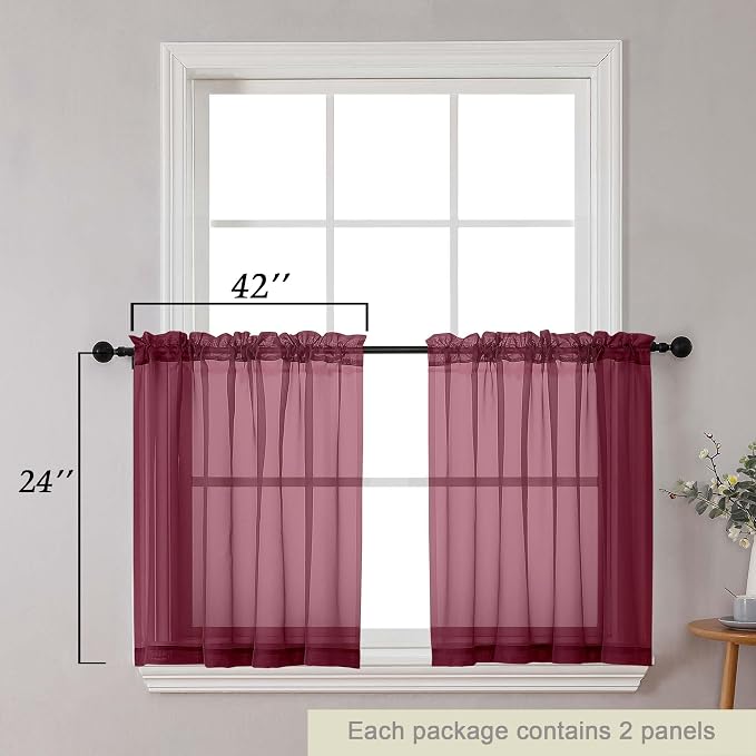 Kitchen Curtains 24 Inch Length Tier 2 Pieces, Burgundy Sheer Curtain Solid - Image 2