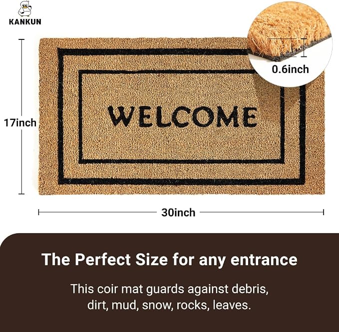 KANKUN Coco Coir Door Mat with Heavy Duty Backing, Welcome Doormat, Doormat - Image 3