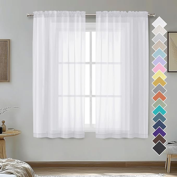OVZME 2 Panels Sheer White Curtains 54 Inches Length Window Treatment by OVZME