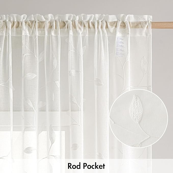 MIULEE Ivory Sheer Curtains 2 Panels Embroidered Leaf Patterned Rod Pocket - Image 6