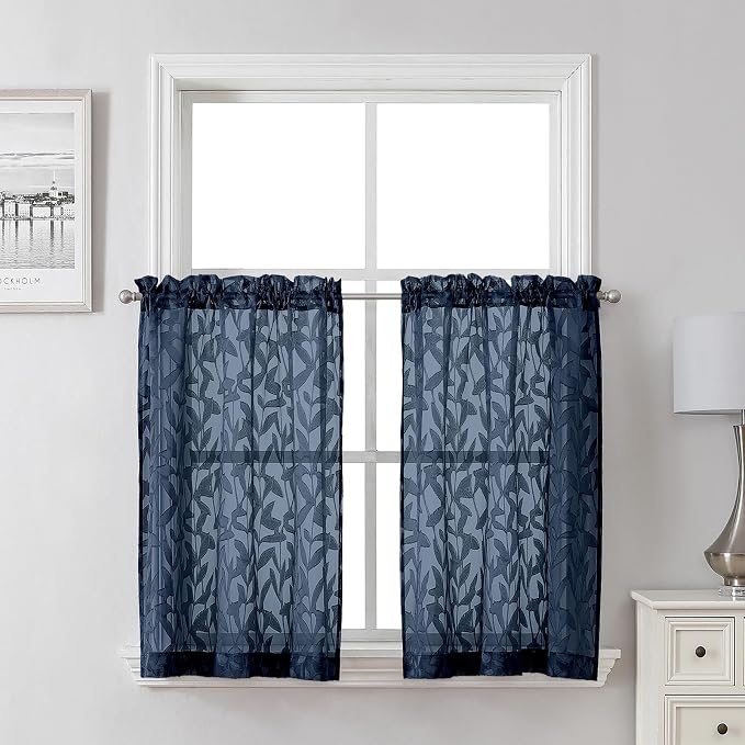 Lecloud Leia Navy Blue Sheer Kitchen Curtains 30 Inch Length 2 Pcs, Leaf by Lecloud