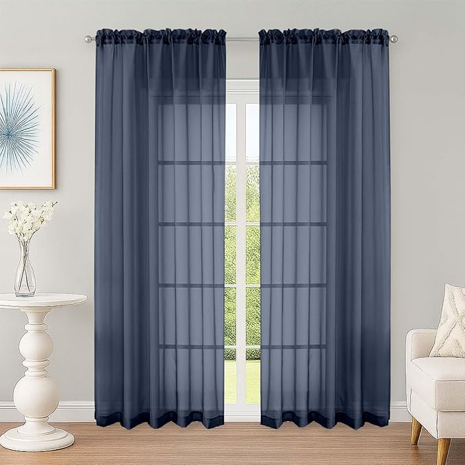 OWENIE Sheer Curtains 84 Inches Long 2 Panels Set, Sheer Navy Blue Curtains by OWENIE