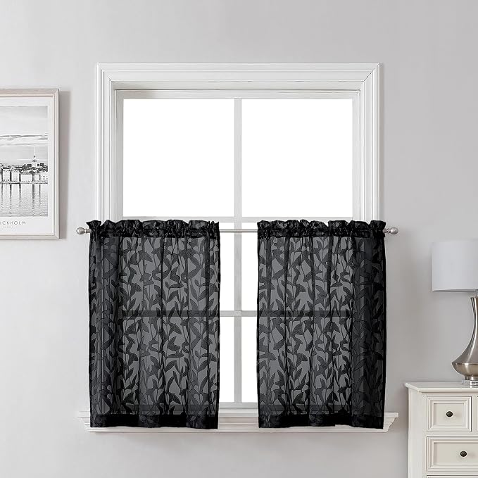 Lecloud Leia Black Kitchen Sheer Curtains 24 Inch 2 Pcs, Jacquard Leaf Textured by Lecloud