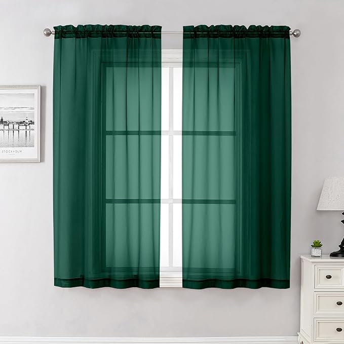 Lecloud Hunter Green Sheer Curtains 63 Inch Length 2 Panels Set, Voile Solid by Lecloud