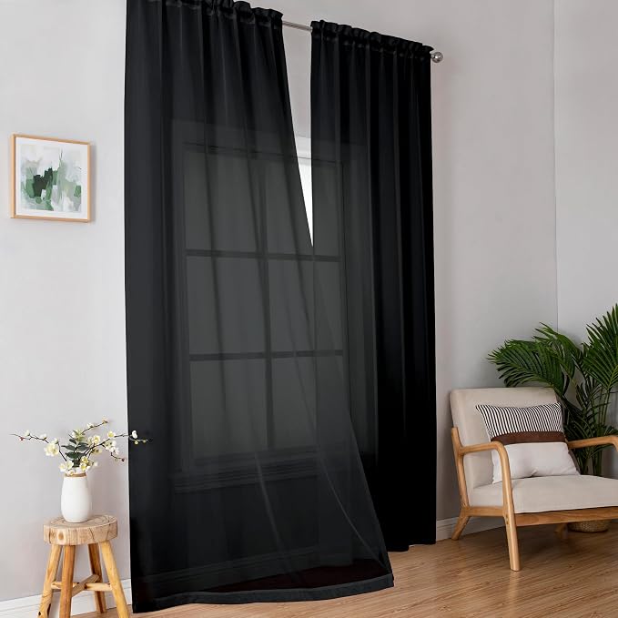 Simplebrand Black Sheer Curtains 84 Inches Long, Light Filtering Rod Pocket - Image 8