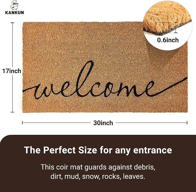 KANKUN Coco Coir Door Mat with Heavy Duty Backing, Welcome Doormat, Doormat - Image 3