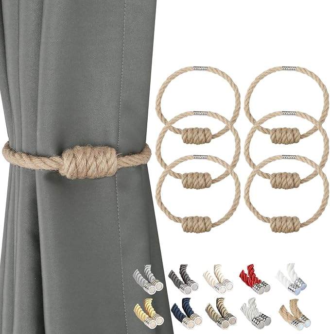 BEL AVENIR Magnetic Jute Curtain Tiebacks, Decorative Drapery Holdbacks by BELAVENIR