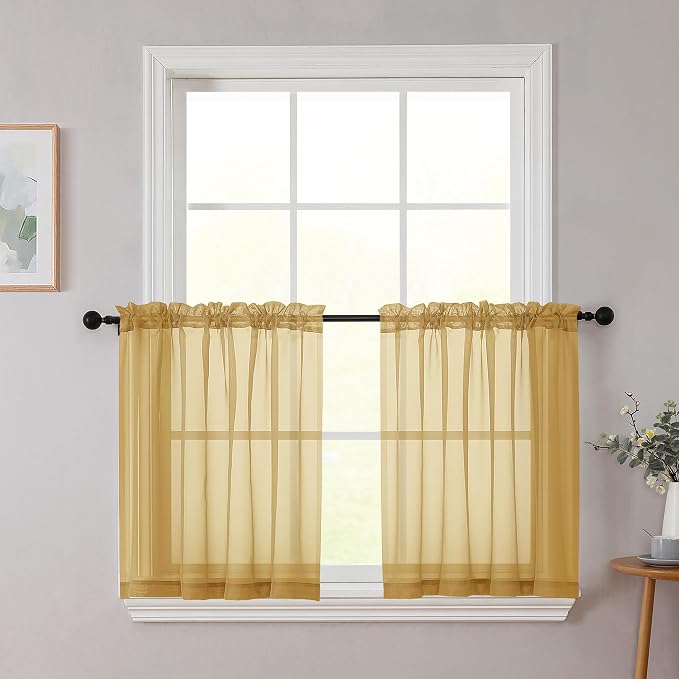 Kitchen Curtains 24 Inch Length Tier 2 Pieces, Cafe Bathroom Basement Rod by WelvetBLK