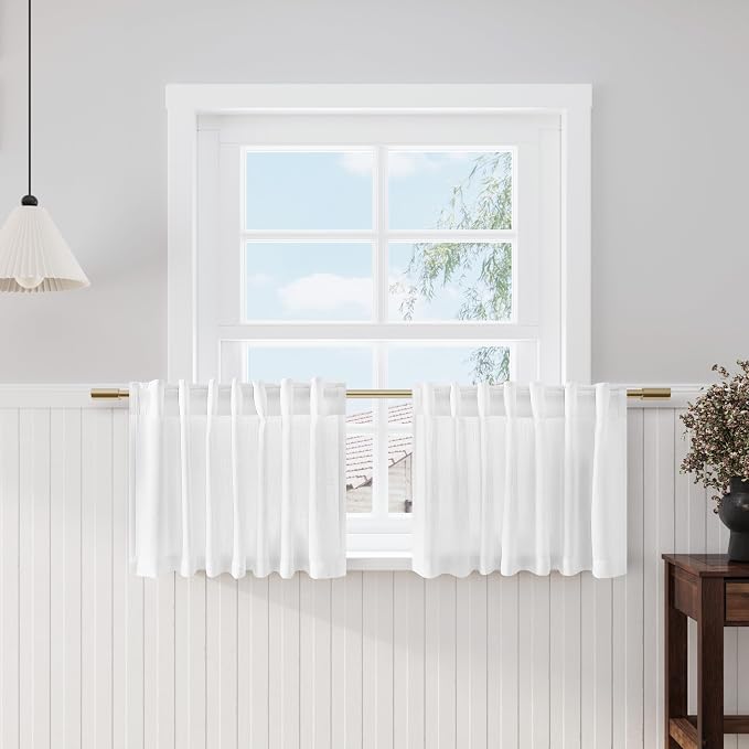 Nanspring Linen Textured White Curtains Window Toppers Valances Semi Sheer by Nanspring