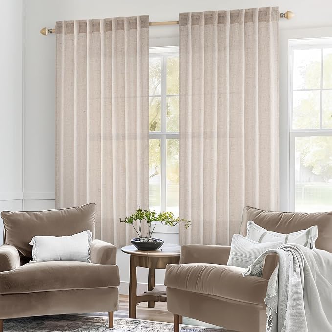 MIULEE Natural White Linen Curtains 60 Inch Length 2 Panels - Image 2