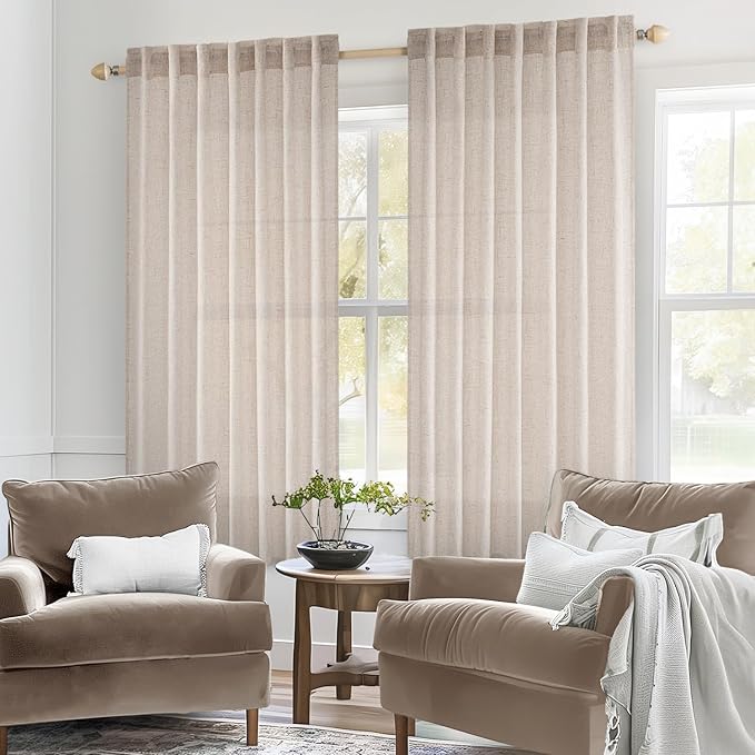 MIULEE Natural White Linen Curtains 64 Inch Length 2 Panels - Image 2