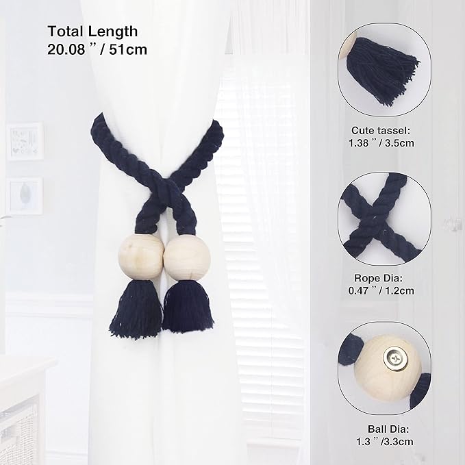 4 Pack Magnetic Curtain Tiebacks Cotton Hand Woven Tie Back Decorative Rope - Image 3