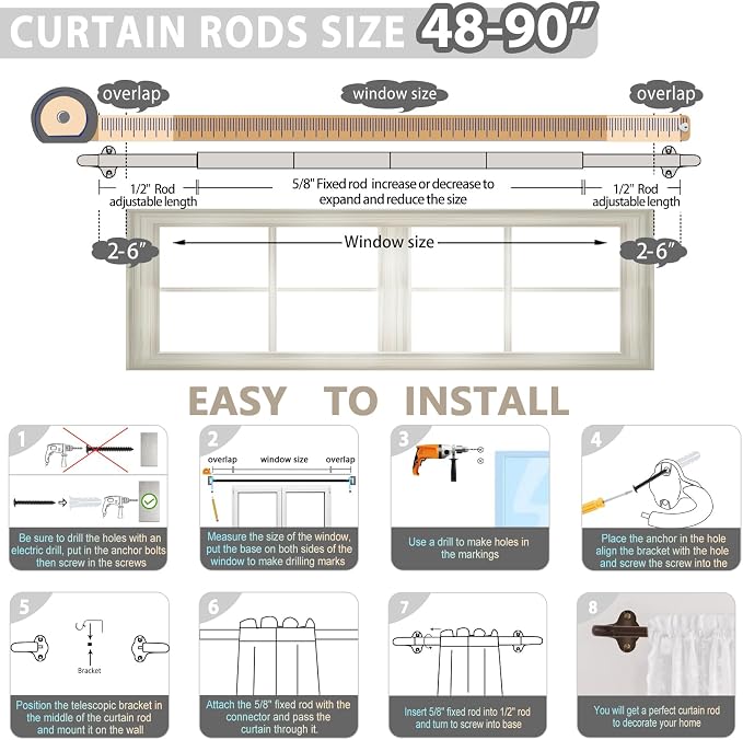 TVWOO Bronze Wrap Around Curtain Rods:5/8 Inch Blackout Adjustable Window - Image 4