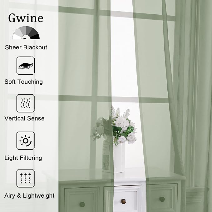 Gwine Sage Green Sheer Curtains 84 Inches Long 2 Panels Set, Light Filtering - Image 2