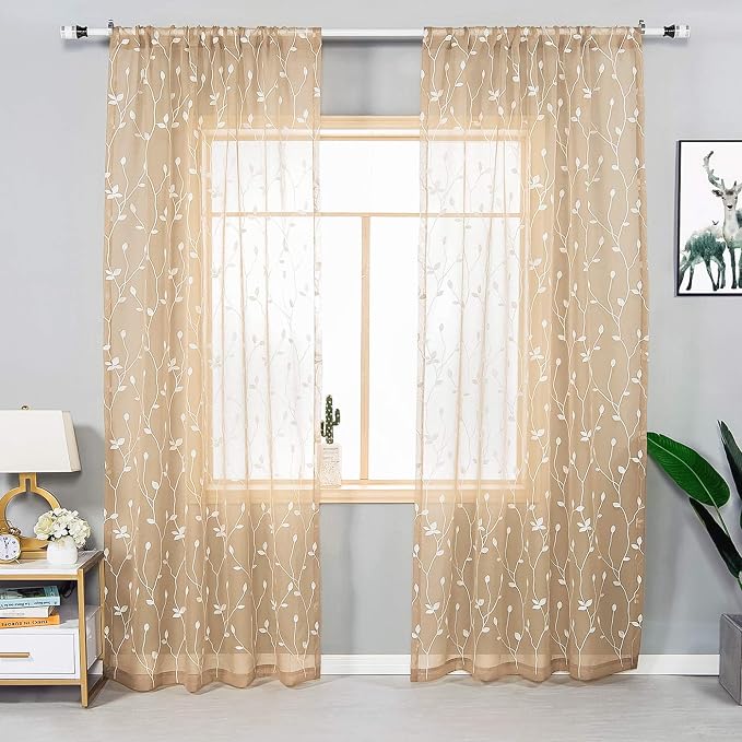 AmHoo 2 Panels Embroidered Leaf Pattern Semi Sheer Curtains Foliage Floral - Image 2
