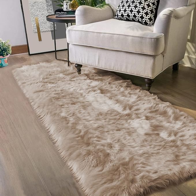 Latepis Light Brown Beige Faux Sheepskin Fur 2x10 Runner Rug by Latepis