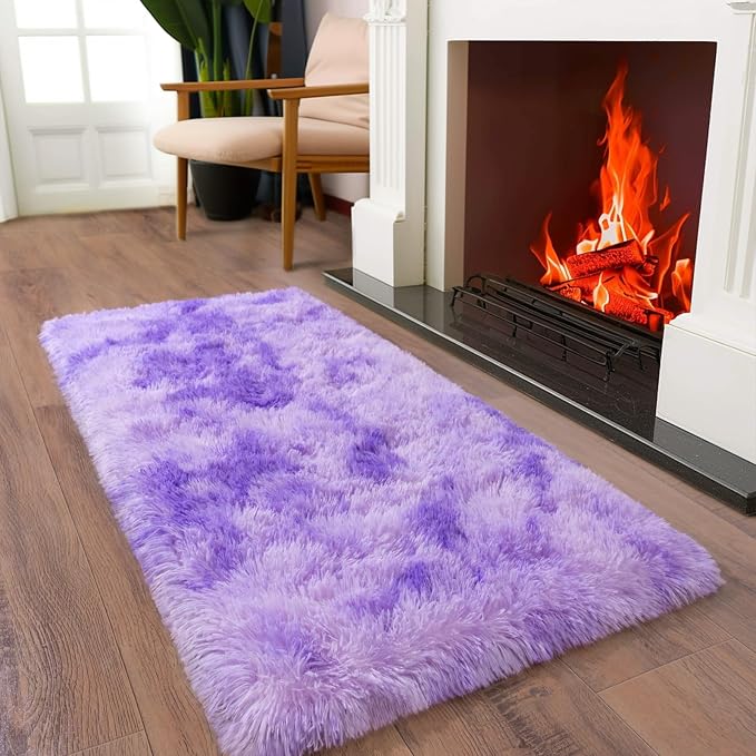 Soft Runner Rugs for Bedroom Hallways, 2x4 Tie-Dyed Purple Fluffy Shag Throw - Image 7