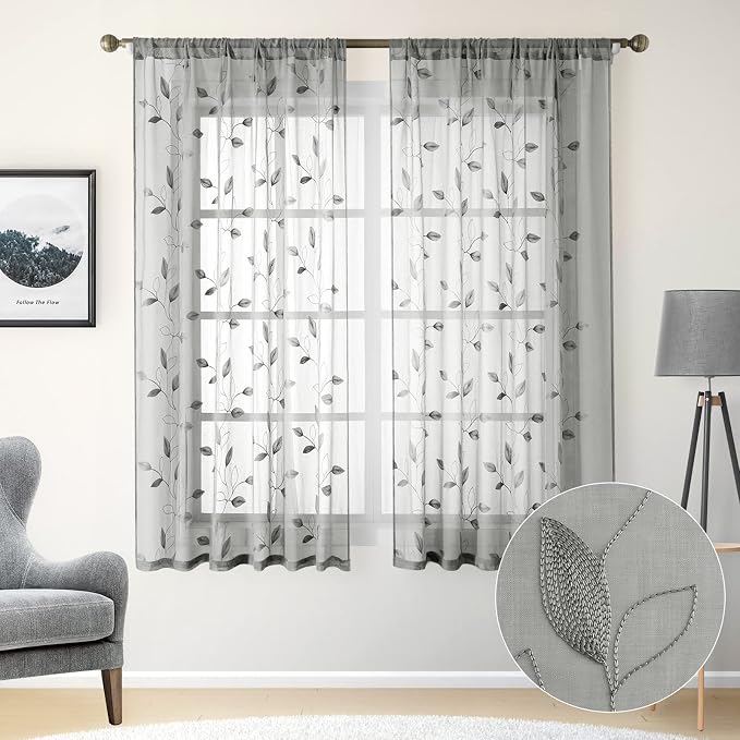 HOMEIDEAS Light Grey/Gray Sheer Curtains 52 X 63 Inches Length 2 Panels - Image 2