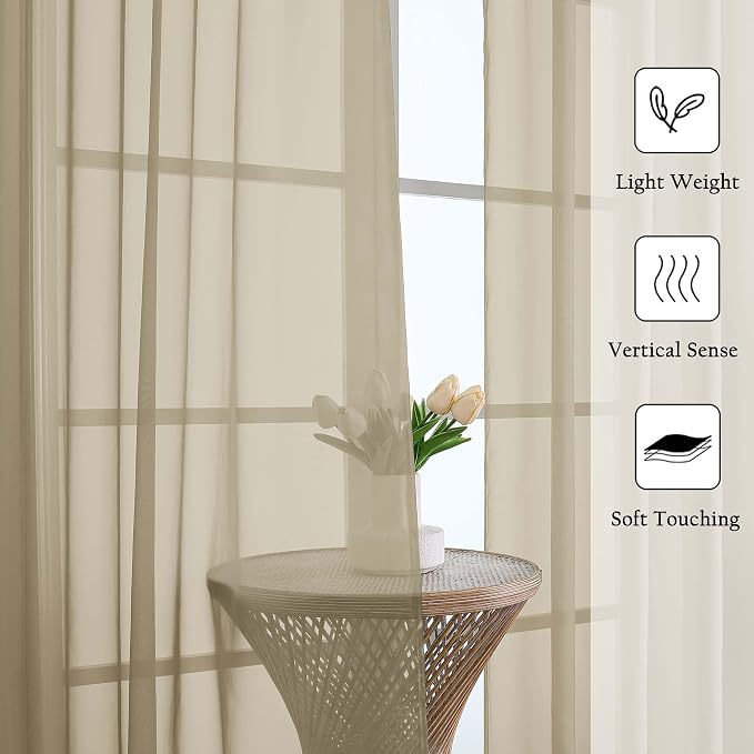 Lecloud Taupe Sheer Curtains 120 Inches Long 2 Panels Set, Rod Pockets Light - Image 2