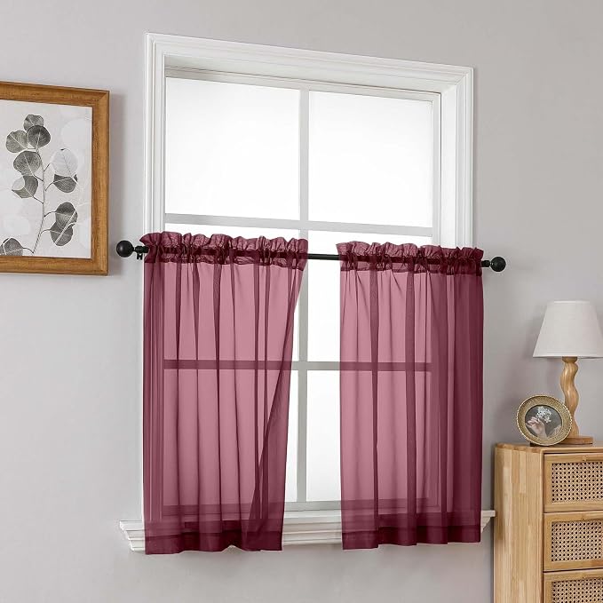 Burgundy Small Sheer Curtains 2 Panels Set, Kitchen Curtains 36 Inch Length - Image 8