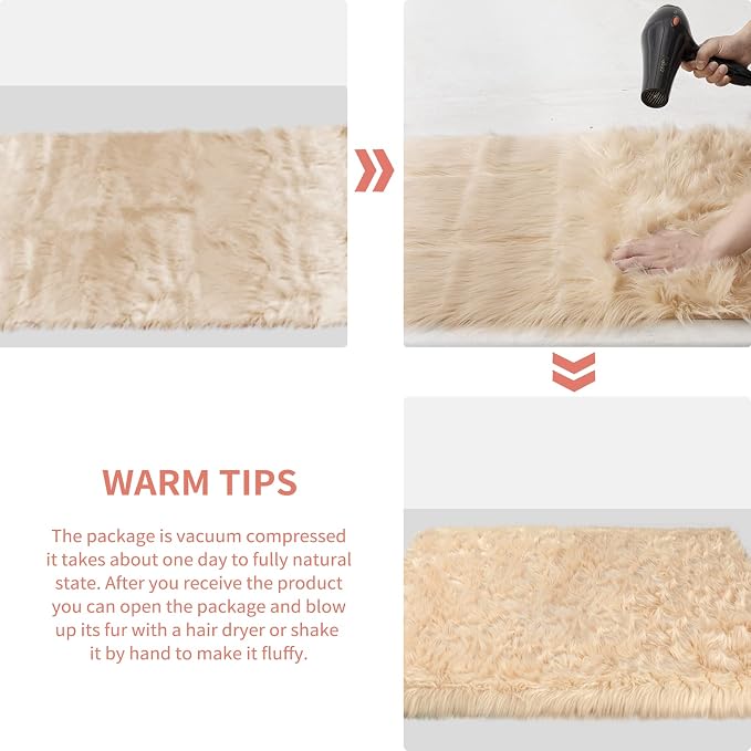 Ciicool Beige Fur Fluffy Rug, 2x4 ft Small Faux Fur Rugs - Image 7