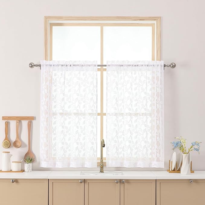 Chyhomenyc White Sheer Curtains 36 Inch Length, Light Filtering Leaf Tufted by Chyhomenyc