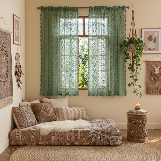 WAZZIO Boho Lace Curtains 2 Panels 63 Inches -Vintage Victorian Sheer Panel - Image 2