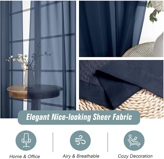 Navy Blue Window Sheer Curtains 54 inch Length, Soft Airy Light Filtering Sheer - Image 4