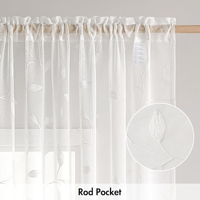 MIULEE White Sheer Curtains 2 Panels Embroidered Leaf Patterned Rod Pocket - Image 6