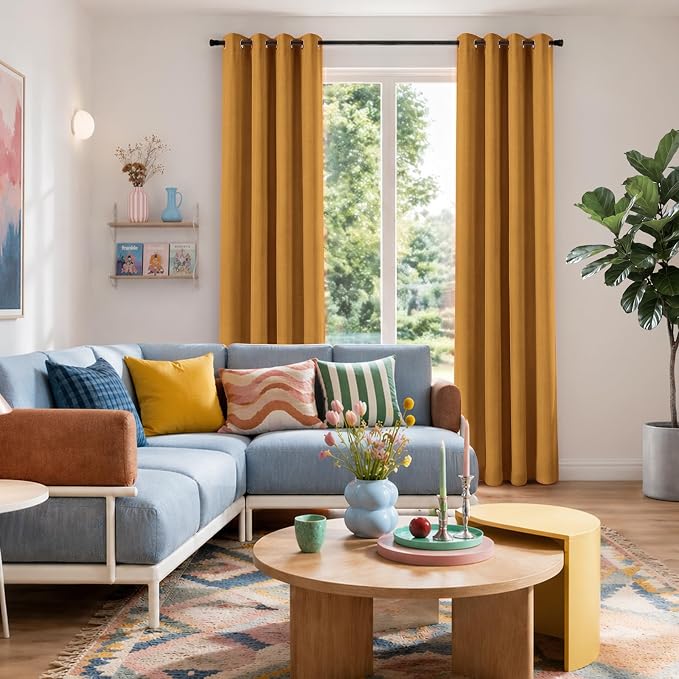 100% Blackout Linen Textured Curtains 90 Inch Long, Mustard Yellow | 100% - Image 2