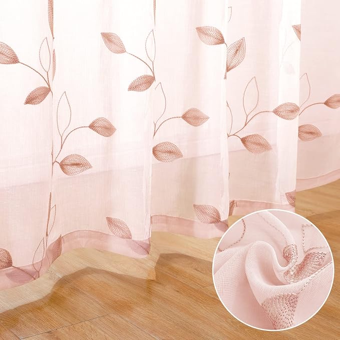 HOMEIDEAS Blush Pink Sheer Curtains 52 X 84 Inches Length 2 Panels Embroidered - Image 3