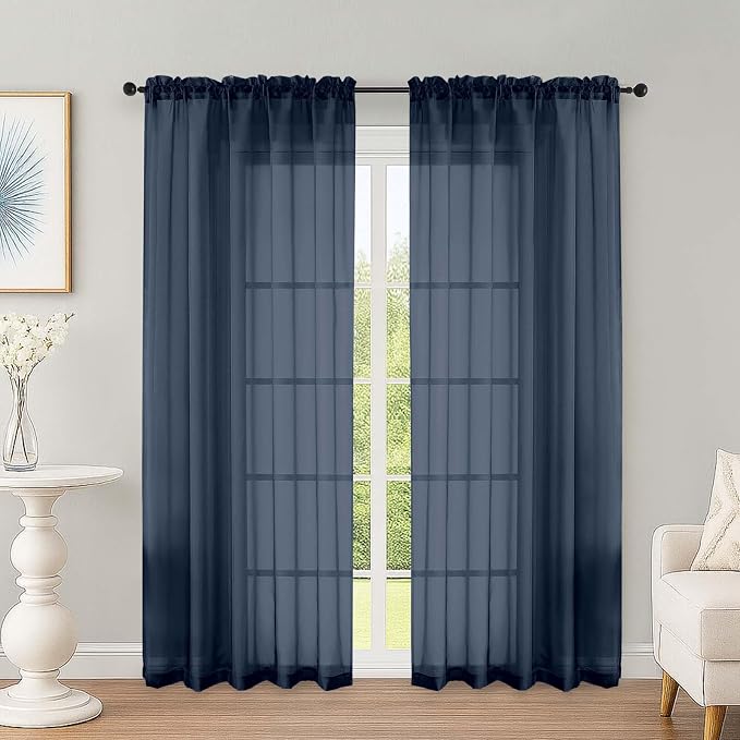 OWENIE Navy Blue Sheer Curtains 72 Inches Long 2 Panels Set, Transparent Voile by OWENIE