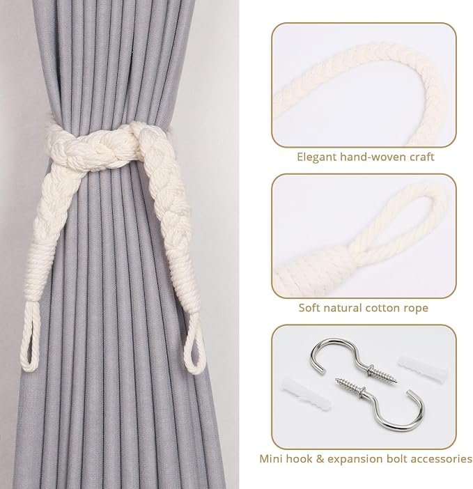 NICEEC 2 Pack Natural Cotton Rope Curtain Tiebacks Elegant Boho Style - Image 2