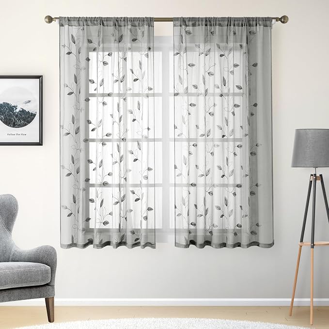 HOMEIDEAS Grey/Gray Sheer Kitchen Curtains 52 x 54 Inch Length 2 Panels by HOMEIDEAS