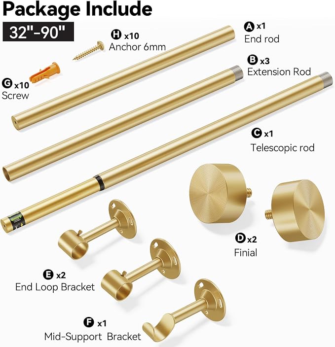 YaFex Heavy Duty Curtain Rods 32-90 Inch, 1 Inch Adjustable Gold Curtain Rod - Image 7