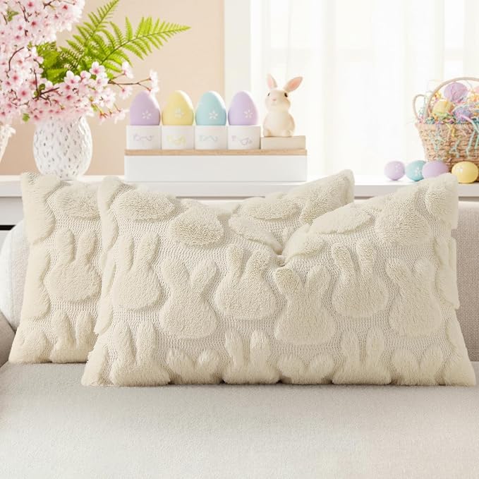 decorUhome Easter Bunny Pillow Covers 12x20 Inch Set of 2, Soft Plush Faux Wool by decorUhome