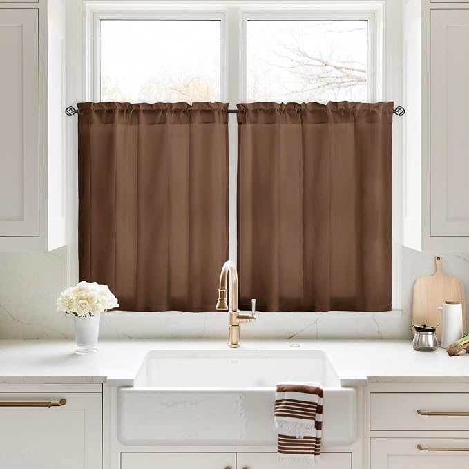 HOMEIDEAS Non-See-Through Brown Privacy Sheer Kitchen Curtains, 30 X 36 Inches by HOMEIDEAS