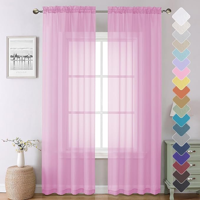 Lecloud Light Pink Sheer Curtains 90 Inches Long 2 Panels, Farmhouse Voile by Lecloud