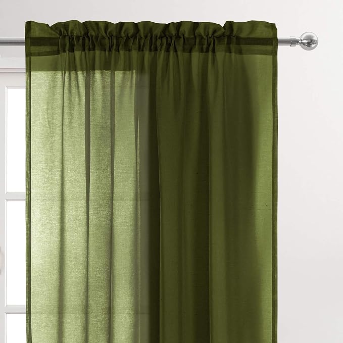 DWCN Olive Green Sheer Curtains Semi Transparent Voile Rod Pocket Curtains - Image 2