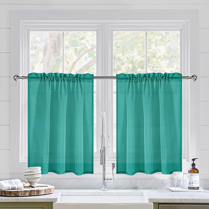 DWCN Teal Sheer Curtains for Kitchen Windows by DWCN