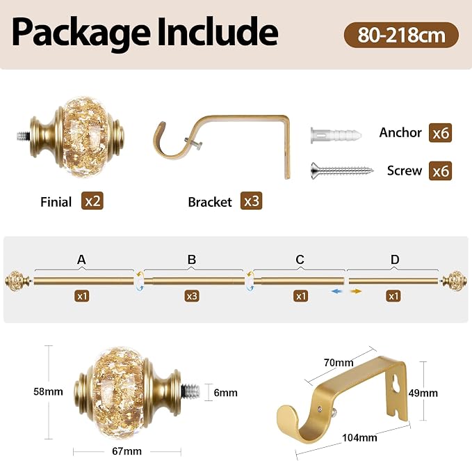 Curtain Rods for Windows 48 to 84 Inch, USFOOK 7/8 inch Luxury Gold Curtain Rod - Image 8