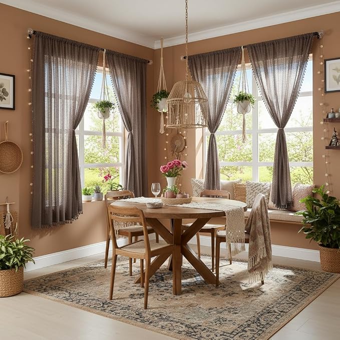 WAZZIO Boho Lace Curtains 63 Inches 2 Panel, Light Filtering Privacy Tassel & - Image 3